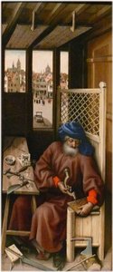 Zvěstování Alternativní název(y):   Název titulu: Mérodský oltářní obraz
pravý panel: Svatý Josef jako tesař od Workshop of Robert Campin