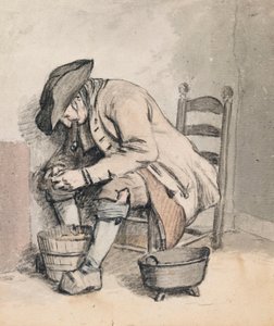 Sedící muž naklánějící se nad kbelíkem; tři ženy (ve stínu) na zadní straně od Wybrand Hendriks