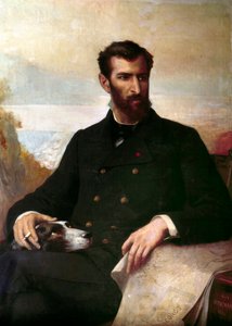 Portrét Pierra Savorgnana de Brazza (1852-1905), italského původu, francouzského cestovatele v Rovníkové Africe. obraz Alphonse Monchablona (1835-1907) 1886 Paříž, africké a oceánské umění od Xavier Alphonse Monchablon