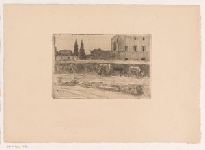 Krajina s budovami a postava v práci od Xavier Mellery (attributed to)