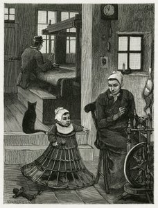 Interiér obydlí a tkalcovské dílny s tkalcem a kolem a také s dítětem v proutěné sukni, která mu pomáhá dělat první krůčky. Rytina od X.Melleryho, pro ilustraci příběhu „“ La Belgique“, od Camille Lemonnier (1844-19
