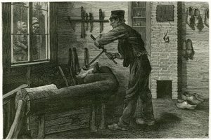 Sabotér z Terneuzenu se usadil, zvětšuje a hloubí dřevo pomocí kleští. Rytina od X.Melleryho, podle přírody, k ilustraci příběhu „“Belgie“, v roce 1888, Camille Lemonnier (1844-1913), umělecká kritička a spisovatelka. Publikováno v To