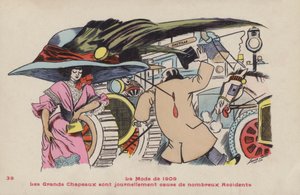 Pohlednice satirizující nebezpečí velkých klobouků a s nimi spojených kloboukových spon - móda roku 1909 od Xavier Sager