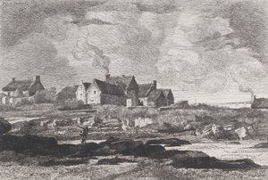 Venkovská krajina s řekou protékající vpravo a domy v pozadí, 1845-75. od Xavier de Dananche