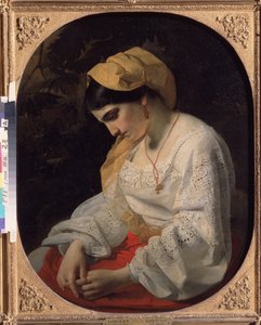 Mladá nevěsta (A Bride). Profilový portrét smutné mladé ženy s rezignovaným výrazem. Obraz Jakova Fjodoroviče Kapkova (1816-1854), olej na plátně od Yakov Fyodorovich Kapkov