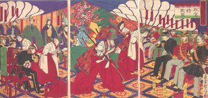 Velitelé přijímající císařovy poháry, 1886 Meiji 19. od Yamazaki Toshinobu