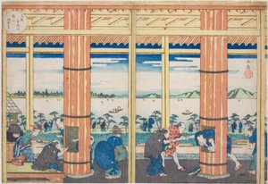 Rain Shelter na Nii Hill u řeky Aji, Osaka (Osaka Ajigawa Niiyama amayadori), ze série "Slavná místa v Ósace: Krásné výhledy na horu Tenpo (Naniwa meisho Tenpozan shokei ichiran)" od Yashima Gakutei