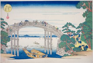 Kamenný most přes řeku Aji poblíž kopce Nii v Ósace (Osaka Ajigawa Niiyama ishibashi), ze série „Slavná místa v Ósace: Krásné výhledy na horu Tenpo (Naniwa meisho Tenpozan shokei ichiran)“ od Yashima Gakutei