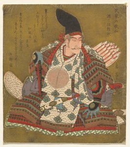 te rd sloupec k Minamoto no Yorimasa (Minamoto Sanmi Yorimasa), ze série Te shi x Hitomo r jiní l Samurajský básník ts (Samurai Rokkasen) od Yashima Gakutei