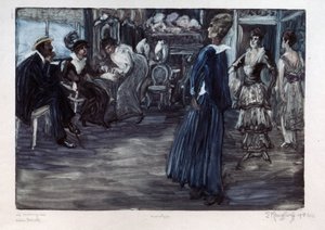 Módní dílna (Fashion workshop). Prezentační místnost pro couture modely, ženy defilují před párem v soukromé místnosti. Dílo Yelisavety (Elisabeth) Sergeyevna Kruglikova (Elizaveta Sergeevna Krouglikova) (1865-1941), monotyp
