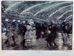 Tango a Luna Park (Tango Dance at Luna Park). Páry tanečníků na široké podlaze, osvětlené ze stropu girlandami světla. Umělecké dílo Yelisavety (Elisabeth) Sergeyevna Kruglikova (Elizaveta Sergeevna Krouglikova) (1865-1941), rytina (