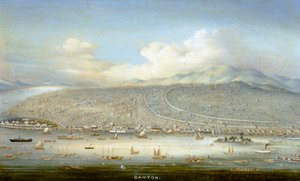Pohled na Kanton s ostrovem Shamian v roce 1865, asi 1880 (olej na desce) od Yichang Yichang