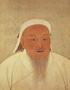 Portrét Čingischána (asi 1162-1227), mongolského chána, zakladatele císařské dynastie Yuan, díky čemuž se Čína stala centrem velké mongolské říše (1260-1368), (inkoust a wc na hedvábí, bord hedvábným vzorem