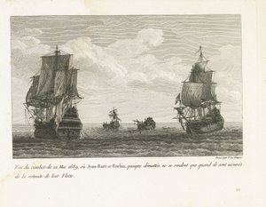 Einde van het gevecht van Jan Bart op 22. května, 1689 Konec boje 22. května 1689, kde Jean-Bart a Forbin, i když nebyli maskováni, se vzdávají pouze tehdy, když jsou ujištěni o ústupu své flotily (titul na předmětu) Sbírka bojů Jean-Bart, náčelníka Es
