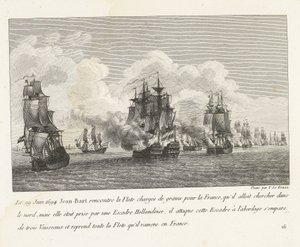 Jan Bart herovert graanschepen op een Hollands eskader, 1694 29. června 1694 se Jean-Bart setkal s flotilou naloženou obilím pro Francii (...) a převzal celou flotilu, kterou přivezl zpět do Francie (název na předmět) Sbírka bojů Jean-Bart, náčelníka E od Yves Marie Le Gouaz