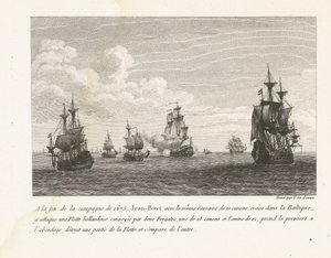 Jan Bart valt Hollandse schepen in de Baltische zee aan, 1675 Na konci tažení roku 1675 Jean-Bart se stejným Corsairem o 10 dělech, plavby po Baltu, zaútočil tam na holandskou flotilu (...) (název předmětu) Sbírka Jean-Barových bojů