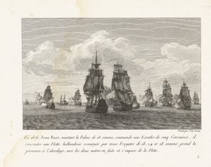 Jan Bart valt met zijn eskader een Hollandse vloot aan, 1676 V roce 1676 Jean Bart, nasedající na 18dělnou Palme, velel eskadře pěti Corsairů (...) (název na předmětu) Sbírka bojů Jeana-Barta, velitele letky za Ludvíka XIV (název série)