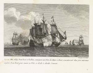 Jan Bart valt twee Engelse schepen aan, 1689 22. května 1689 Jean-Bart a Forbin, přepravující flotilu z Le Havru do Brestu, narazili na dvě velká anglická plavidla, Jean-Bart se, aby zachránil svou flotilu, rozhodl přiblížit se k nepříteli (název na předmě od Yves Marie Le Gouaz