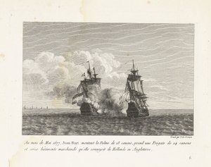 Jan Bart verovert een Hollands fregat, 1677 V květnu 1677 Jean-Bart nasedl na 18dělnou Palme, vzal fregatu s 24 děly a šestnáct obchodních lodí, které přepravovala z Holandska do Anglie (název předmětu) Sbírka Jeiných bojů od Yves Marie Le Gouaz