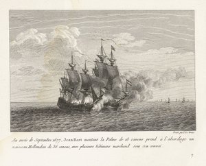 Jan Bart verovert een Hollands fregat, 1677 V září 1677 Jean-Bart nasedl na 18 dělovou Palme a nastoupil na 36 dělovou holandskou loď s několika obchodními loděmi pod jeho konvojem (název na předmětu) sbírka soubojů