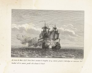 Jan Bart verovert een Hollands fregat, 1678 V březnu 1678 nastoupil Jean-Bart na 14dělovém Dauphinu na 32 dělové holandské plavidlo, pobřežní stráž před Texelem (název na předmětu) Sbírka bojů Jean-Bart, náčelníka Es