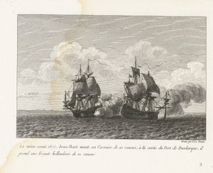 Jan Bart verovert een Hollands fregat bij Duinkerke, 1675 Ve stejném roce, 1675, Jean-Bart nasedl na 10-dělový Corsair; na výjezdu z přístavu Dunkerque bere holandskou fregatu 12 děl (název na předmětu) Kompilace bojů Jean-Bart, kap