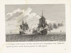 Jan Bart verovert een Spaans schip se setkal s 350 vojáky na palubě, 1683 V roce 1683 Španělsko vyhlásilo válku Francii, Jean-Bart velel fregatě, se kterou vzal válečnou loď s 350 španělskými vojáky (titul na obje