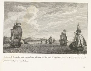 Jan Bart voor de Engelse kust bij Newcastle, 1692 V listopadu 1692 Jean-Bart sestupuje na pobřeží Anglie poblíž Newcastlu, kde přispívá několika vesnicemi (název na předmět) Kompilace bojů Jeana-Barta, velitele křídla tak