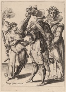 Amor se zavázanýma očima drží pochodeň před párem od Zacharias Dolendo after Jacques de Gheyn II
