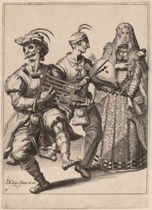 Zahalená žena se dvěma hudebníky hrajícími na mřížku a měchy od Zacharias Dolendo after Jacques de Gheyn II