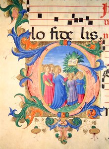Misál 515 f.144v Historická iniciála „G“ zobrazující věřící vstupující do ráje (vellum)