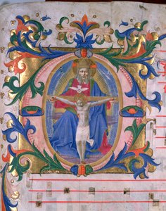 Ms 523 f.166r Historická iniciála „O“ s Trojicí, z misálu, kolem 1446-60 (vellum)