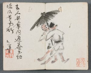 Miniaturní album s postavami a krajinou Dva muži s deštníkem, 1822.