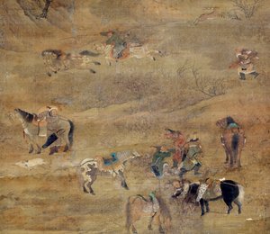 Mongolský jezdec honí koně. Detail. Malba na hedvábí od Fou Tchao Mong (1254-1322). Dynastie Yuan (1206-1368 n. l.) Paříž, Guimetovo muzeum, Národní muzeum asijského umění
