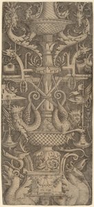 Ozdobný panel s draky, maskami a válečnými nástroji, c. 1505.