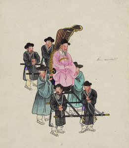 Vysoký korejský úředník, možná předseda vlády, nesený na propracované sedanské židli, c. 1890 (akvarel) od . .