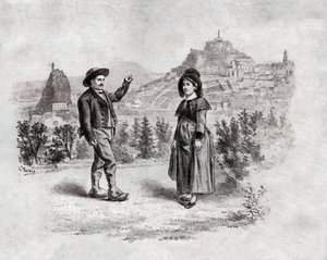 Auvergnaci tančí nádivku v Puy en Velay ve Francii. cca 1900 (rytina) od . .