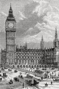 Big Ben a Houses of Parliament, Londýn, Anglie, vidět zde v 19. století. od . .