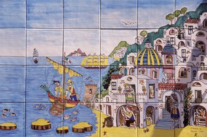 Keramické malované dlaždice, Positano, pobřeží Amalfi, Kampánie, Itálie