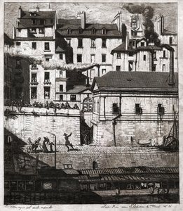 Místo činu s policejním zásahem na nábřeží v Paříži. cca 1860 (rytina) od . .