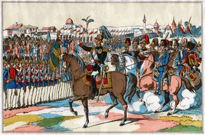 Císař Alexandr II. hodnotí svá vojska před vyhlášením války Turecku (1877). cca 1880 (ilustrace) od . .
