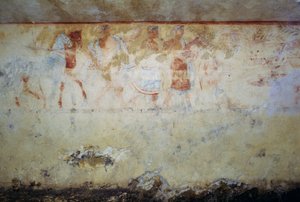Smuteční průvod s tanečníky a hudebníky, freska, Hrobka modrých démonů, nekropole Tarquinie (Seznam světového dědictví UNESCO, 2004), Lazio, Itálie Etruská civilizace, 5. století př.n.l.