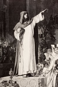 Girolamo Savonarola (1452 – 1498), italský dominikánský mnich kážící proti nemravnosti a luxusu, který by sváděl ke hříchu, podle díla De Langemantelse, z „El Mundo Ilustrado“, vydáno Barcelona, kolem roku 1880 od Ferdinand Georg Waldmuller
