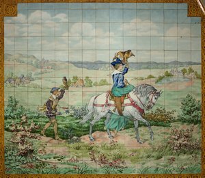 Vnitřní pohled, kachlová deska, malíř Furcy Ernest Tondeur, vykonavatel Boch Frères La Louvière, druhý panel, lovecká scéna se šlechticem a šlechtičnou se sokoly od . .