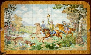 Vnitřní pohled, dlaždicový panel, malíř Furcy Ernest Tondeur, vykonavatel Boch Frères La Louvière, první panel, lovecká scéna se třemi jezdci od . .