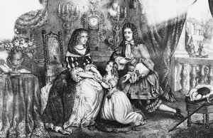 Král Ludvík XIV. a jeho dcera prosí vévodkyni Louise de La Valliere, aby se nestahovala do kláštera