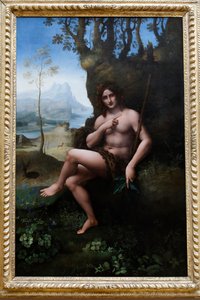 Muzeum Louvre, Paříž, Francie. Dílna Leonarda da Vinci, připsána Francescu Melzimu, svatému Janu Křtiteli, olej na panelu převedeno na plátno, c. 1510-1520. od . .