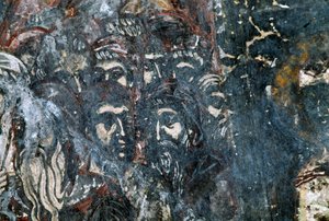 Mužské postavy, poškozená freska na stropě kostela Agios Vasileios, Vavouledo, Kréta, Řecko (foto)