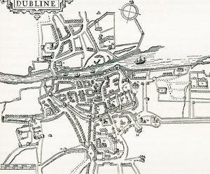 Mapa Dublinu, Irsko v roce 1610, z Our Own Country publikovaná v roce 1898 od Ferdinand Georg Waldmuller