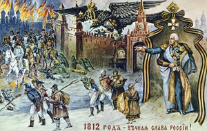 Napoleonská válka z roku 1812, zobrazení Napoleonova ústupu z Moskvy pod dohledem císařského ruského dvouhlavého orla a cara Alexandra I. od Frederick (attr. to) Barnard